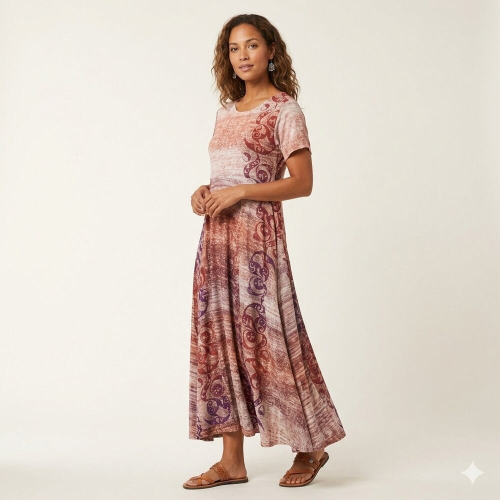 Hary Dary Art To Wear Maxi Dress XL Boho Abstract Swirl Print Earthy